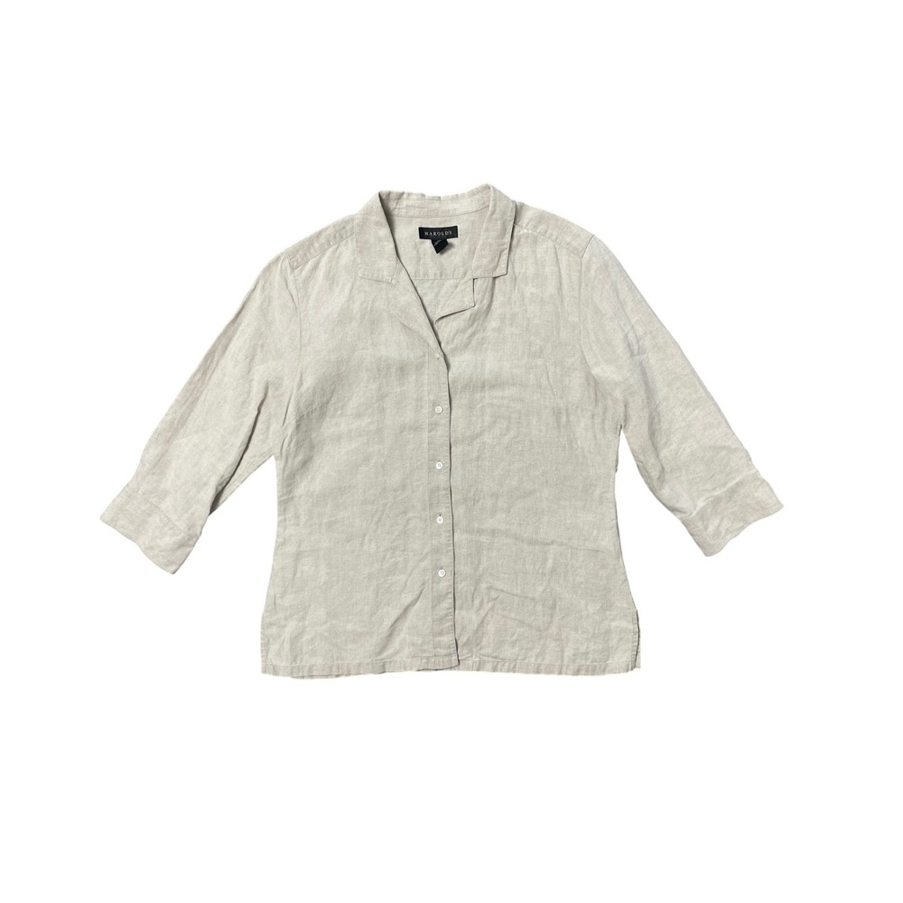 100% Linen Beige Long Sleeve Button Up Shirt Size 12 Breathable Coastal Neutral